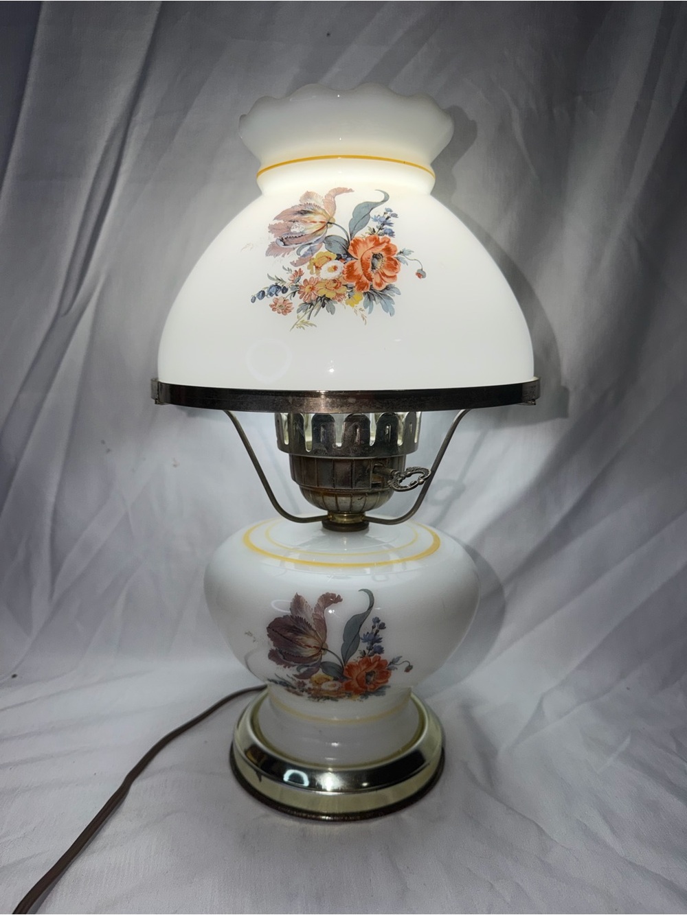 Vintage Floral Milk Glass "Gone With The Wind" Style Hurricane Lamp - Picture 4 of 16